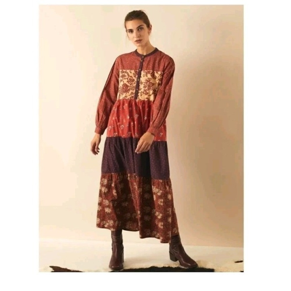 Leon & Harper Floral Button-Front Dress in Rust & Plum
